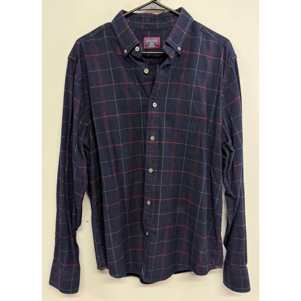 UNTUCKit Capezzana Mens Large Slim Fit Navy Blue Plaid Flannel Shirt UT-14-31562
